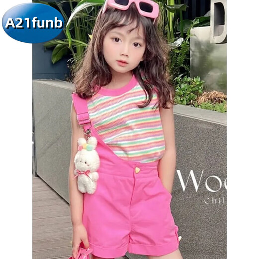 
A 21 FUNB Girls Overalls Summer 2025 New Little Girls Summer Fashion Internet Celebrity Dopamine Wearing Style Children's Summer Medium and Large Children's Set (Love Vest + Overalls) + Rabbit (130 cm