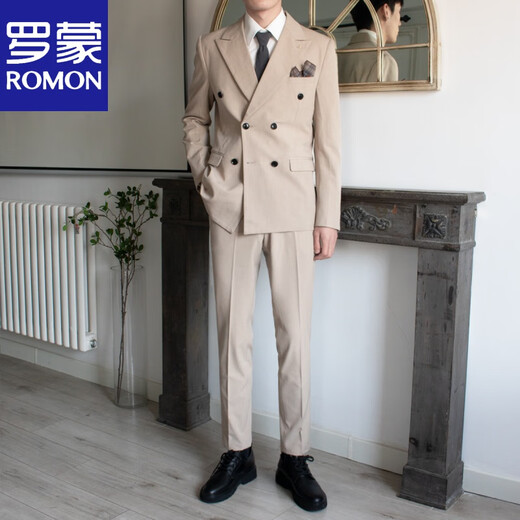 ROMON lapel collar double-breasted suit men's suit wedding groom's style formal groomsman suit men's suit three-piece high-end medium gray jacket + pants L