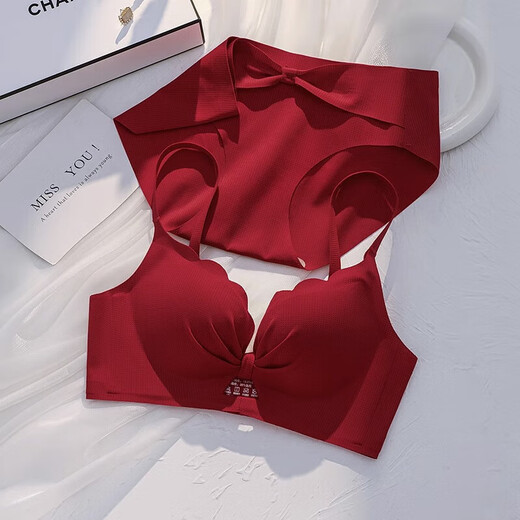 Victoria's Elegant Zodiac Year Suit Red Underwear Women's Small Breast Push Up Wedding Bride's Secondary Breast Reduction Anti-Sagging Dragon Year Underwear Bra Burgundy (Set + Fine Packaging) 34/75AB Push Up Anti-Sagging