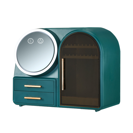 Jingzhangmiao Cosmetic Storage Box Chinese Valentine's Day Gift Cosmetic Mirror with Light Cosmetic Box Desktop Desktop Cosmetic Mirror Dark Green LED Light + Soft Fan