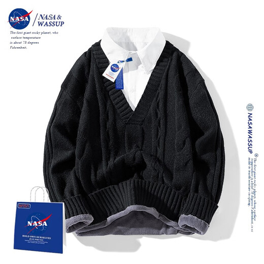 Nasawassup official fashion brand co-branded sweater men's autumn and winter solid color shirt collar fake two-piece warm college style men's sweater off-white XL (recommended 120-140Jin Jin equals 0.5 kg)