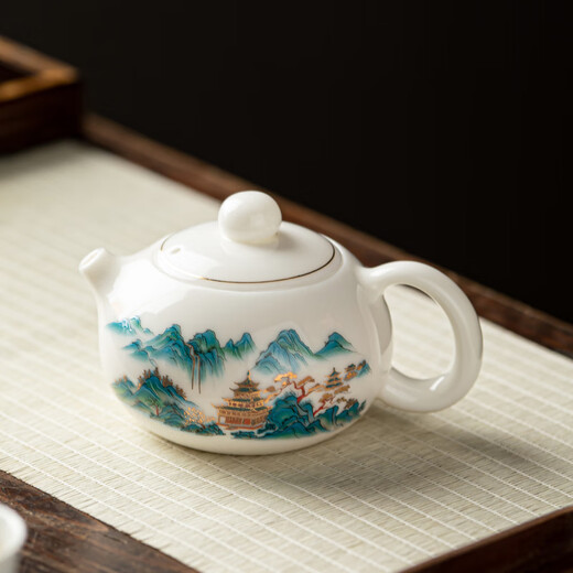 Gold inlaid jade mutton fat jade porcelain Xishi pot Chinese style ceramic teapot drinking tea kettle Kung Fu tea set household single pot