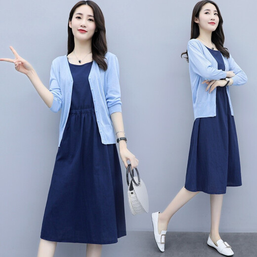Lingwan cotton and linen dress 2020 summer new Korean style slim temperament women's dress casual and versatile two-piece skirt suit for women 2023 blue outer and inner navy XL