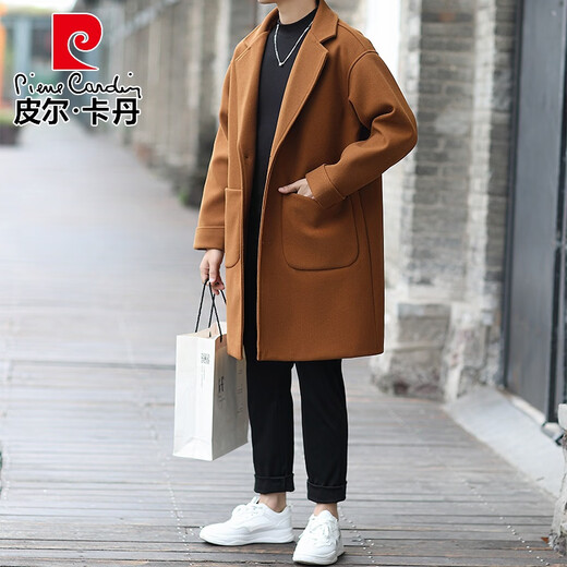 Pierre Cardin off-white woolen windbreaker jacket men's mid-length thickened youth student handsome autumn and winter woolen coat cotton camel 1 thickened XL