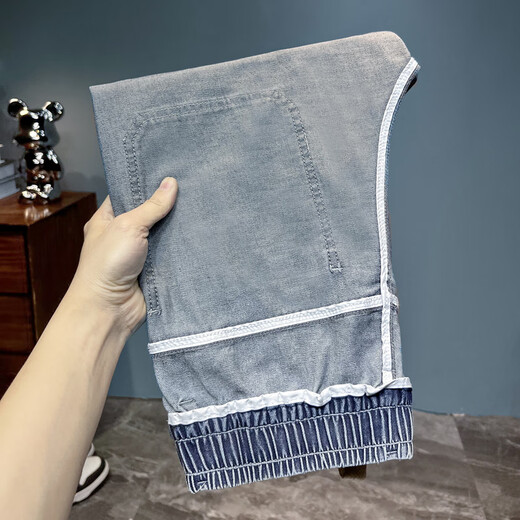 
2025 spring and summer thin elastic waistless jeans men's lace-up simple loose large size casual elastic harem pants light blue 2385 thin model 33 (recommended 145-155Jin [Jin equals 0.5 kg])
