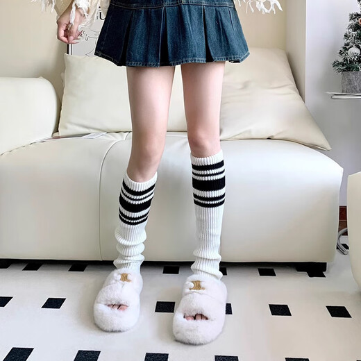 Wanshang autumn and winter retro striped knitted pile socks women's jk leggings pile socks slimming straight knitted socks gray one size