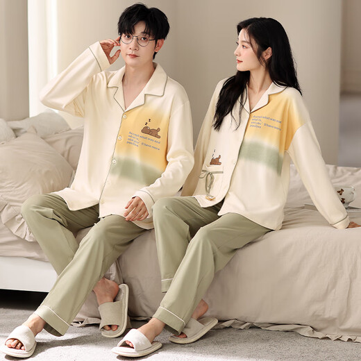 
Light and quiet pure cotton couple pajamas one man and one woman in autumn and winter long-sleeved lapels can be worn outside couples’ home clothes spring two-piece suit 983 M women + XL men