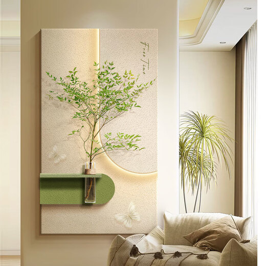 Shantoulin Village hydroponic green plants cream style porch decoration painting sandstone three-dimensional entrance corridor aisle hanging painting living room wall 40*80 layers of three-dimensional sandstone + glass vase + imitation 14757 regular model [without light]