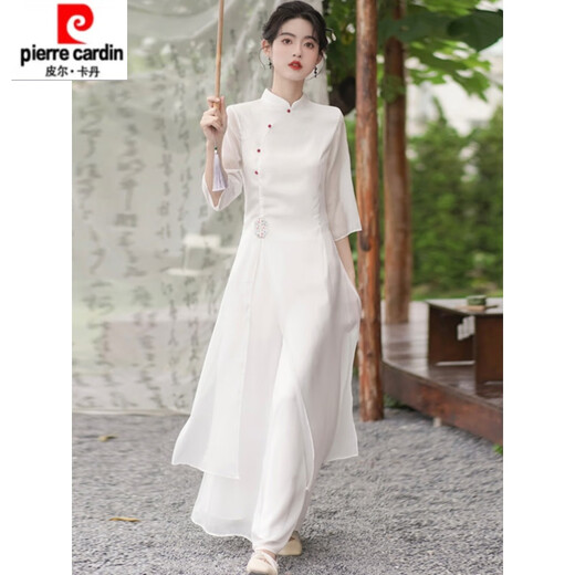 皮尔卡丹仙气汉服日常禅意茶艺师服装采耳古筝养生馆新中式旗袍连衣裙 689浅绿套装 L