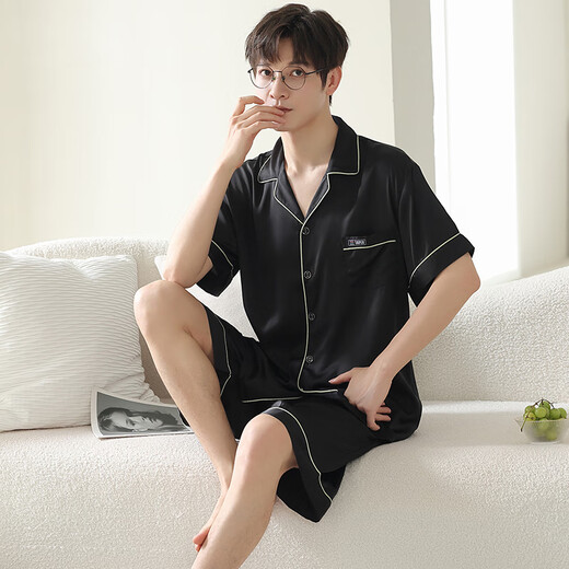Delia ice silk couple pajamas men summer short-sleeved suit thin cool sling nightgown women casual home clothes L6215 M women + XL men