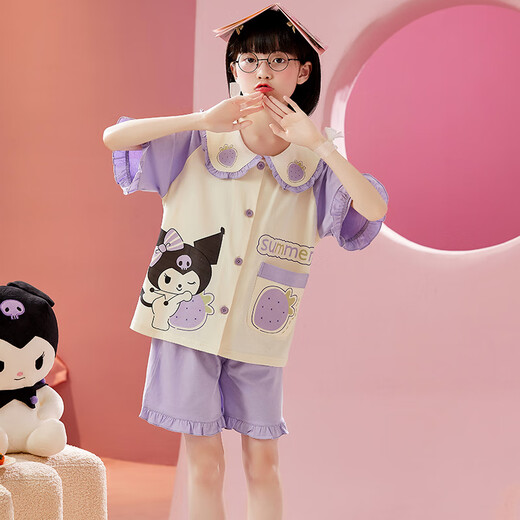 曼妮朵女童睡衣夏季纯棉小女孩新款儿童家居服宝宝开衫短袖短裤套装薄款 B4877绿【双短】 120cm 12码建议115-125cm