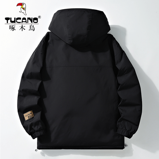 Woodpecker Plush Cotton Jacket Men's Winter 2025 New Men's Cotton Coat Featherless Thick Down Jacket Warm Cotton Jacket Men's 999 Black Plush Velvet Fashion & Warmth 2XL (Recommended 140-160 Jin Jin equals 0.5 kg)