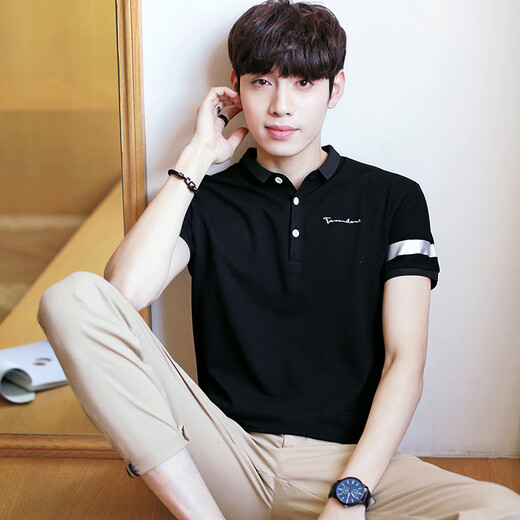 Yu Zhaolin men's short-sleeved POLO shirt men's summer lapel slim and simple fashionable casual youth short-sleeved T-shirt men YMTD200525 black XL