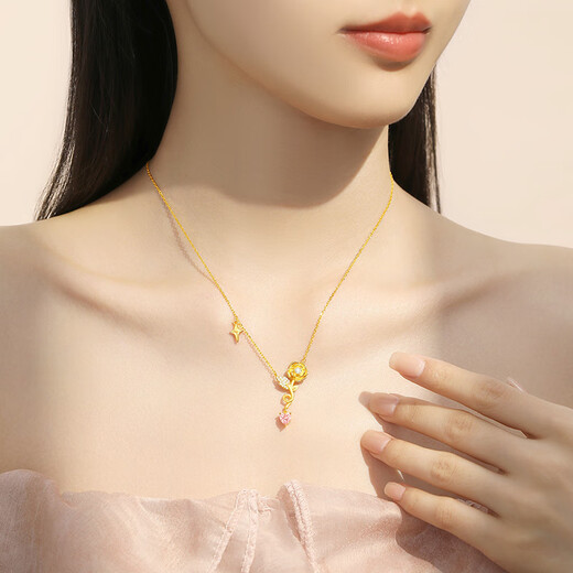 Chow Tai Sang Yellow Rose S925 Necklace Pure Silver Clavicle Chain New High-end Jewelry Birthday Gift for Girls Yellow Rose Necklace