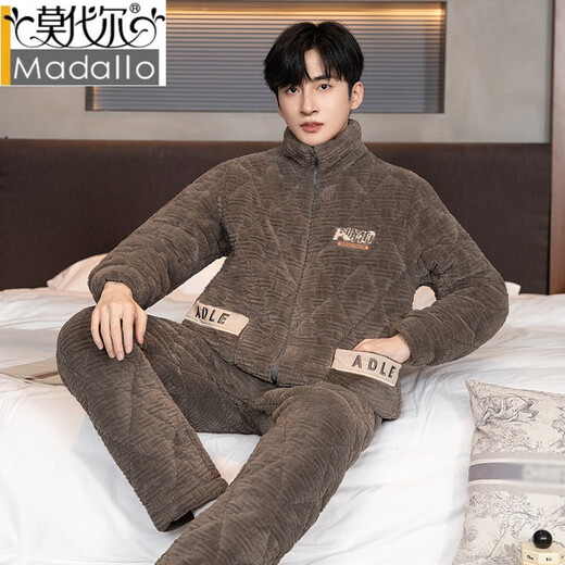 
Modal men's pajamas in winter wear warmth, thickened velvet coral velvet three-layer cotton zipper flannel home set N9902 lake blue gray set XL weight (120-140Jin [Jin equals 0.5 kg])