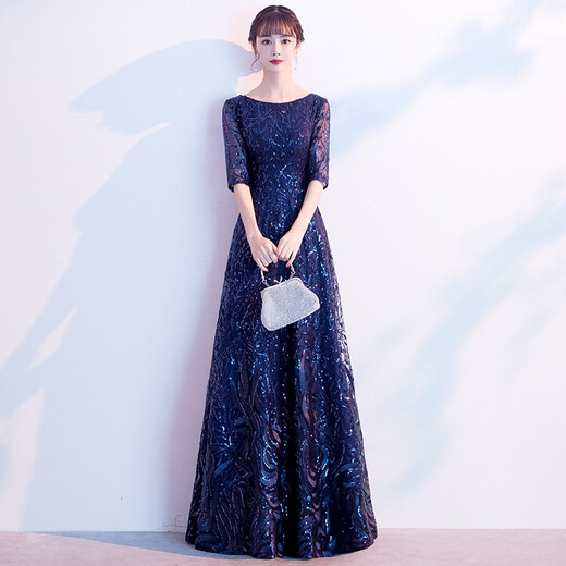 Seidlers Temperamentabendkleid für Frauen 2025 Neues High-End-Bankett Langfristige jährliche Meeting-Musik-Kunstprüfung Party Kleid Marine Blue XL