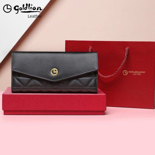 Goldlion Women's Long Long Chinese Valentine's Gift for Girlfriend Genuine Leather Fashion Tendencia 30% de descuento en la billetera de mujeres Regalo Día de la Mujer [Negro]