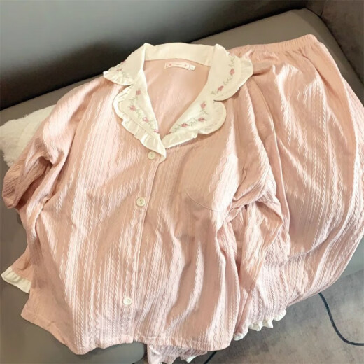 清中乔带棉垫睡衣女款春秋冬季纯棉长袖长裤少女甜美花朵夏天家居服套装 带棉垫#.9926米白套装 -面料 XL 建议120-140斤