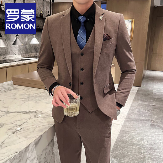 ROMON suit suit men's three-piece groom's wedding dress business formal suit large size slim trendy plaid small suit light gray suit + trousers + vest L