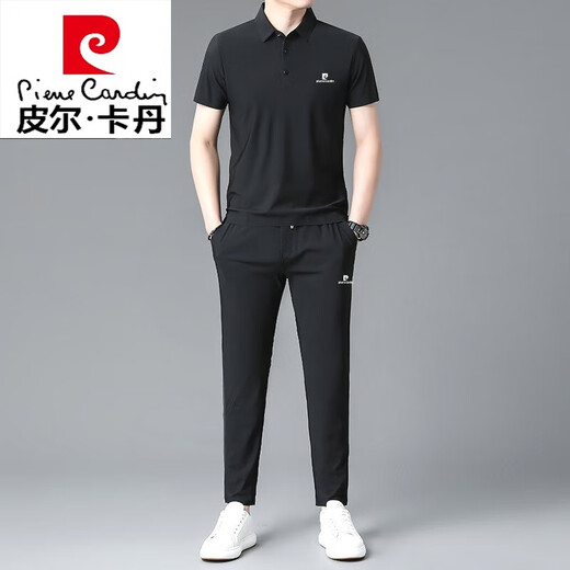 皮尔卡丹（pierre cardin）高端轻奢短袖T恤男士桑蚕丝休闲运动套装长裤休闲两件套针织 8830#藏青 2XL 180【建议体重150-165斤】