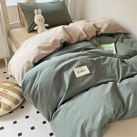 SOMERELLE Four-piece set of cotton colored woven cotton three-piece set student single double quilt cover bedding set 40 pieces green khaki sheets (quilt cover 200*230cm)