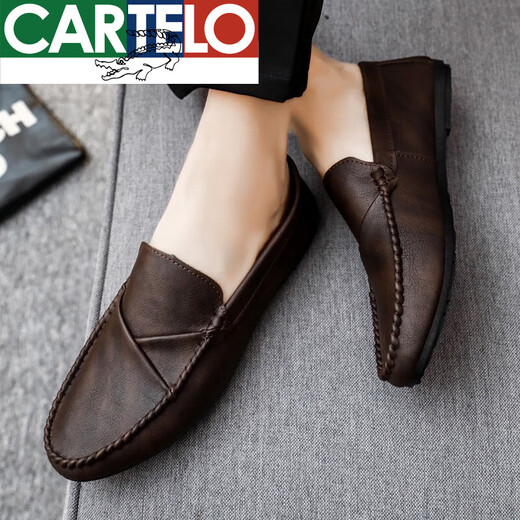 
CARTELO men's shoes 2025 new spring and autumn Korean style trendy leather shoes genuine leather lazy round-toe bean shoes casual leather shoes men D829 brown 42