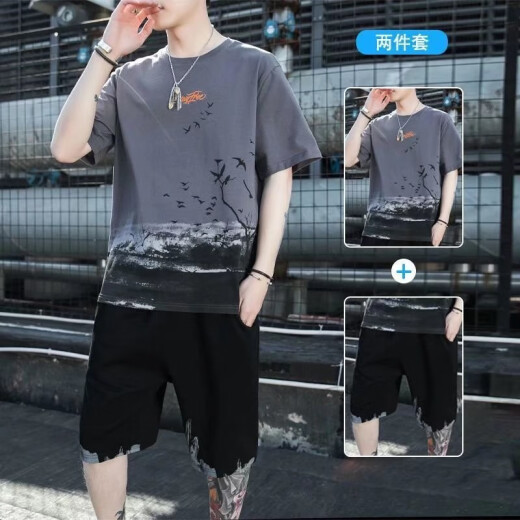 Camiseta de manga corta Xuan Laiya Traje deportivo de verano para hombres SET de seda de hielo combinado con camiseta casual de moda de gradiente suelta Top 878 [blanco] 2xl 2XL