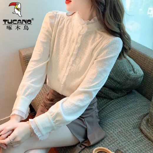 Woodpecker Autumn and Winter Western Style Shirt Thickened Lace Bottoming Shirt Women's 2026 New Inner Top Fashionable Velvet Shirt Off-White Regular M