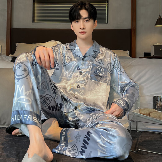 Langsha Men's Pyjamas Spring and Automne Ice Silk Silk Long Manche à style mince Adolescent Garçons Summer Home Claid Cardigan Suit 844 L Taille 90-120Jin [Jin est égal à 0,5 kg]
