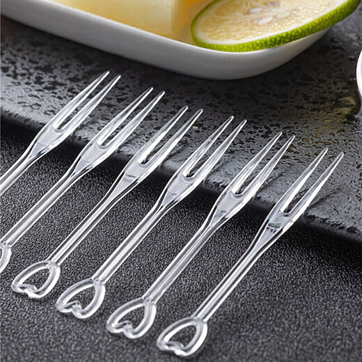 Fun Oxen disposable fruit fork individually packaged plastic small fork dessert fork fruit pick cake fork transparent independent packaging 50 pieces of love transparent fruit fork