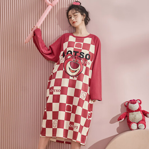 Langsha (langsha) 2025 new long-sleeved plaid nightgown spring and autumn pure cotton thin cotton mid-length skirt pregnant women pajamas for women autumn and winter YW-16863 M