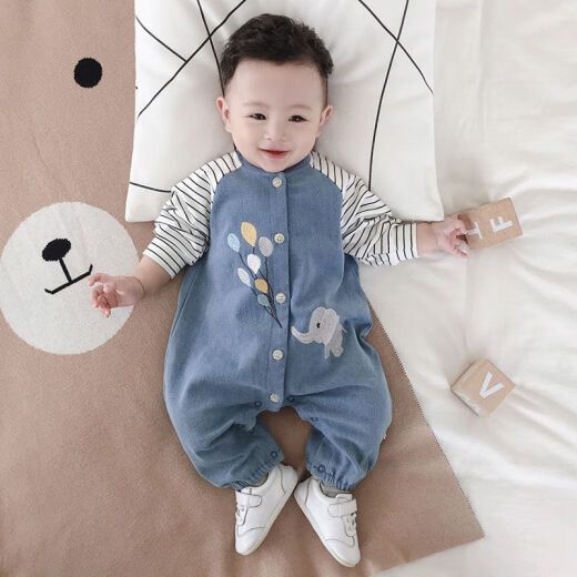 Internet celebrity 6 male baby one-piece clothes 8 spring and autumn clothes for outer wear, thin spring clothes for two, nine and three months, seven eight and five months, small denim color matching (ready in stock and shipped) 80cm