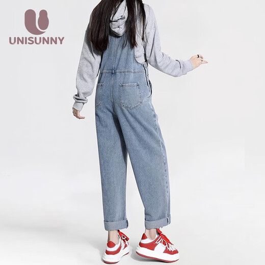 unisunny孕尚孕妇裤子春秋季外穿牛仔背带裤宽松直筒裤小个子孕妇装大码休闲裤 浅蓝 L【建议110～130斤】