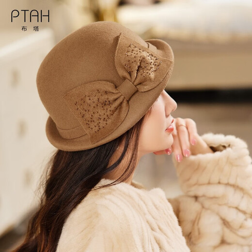 Buta autumn and winter hat women's retro hat wool felt hat beret shaped hat felt hat large bow sequins camel