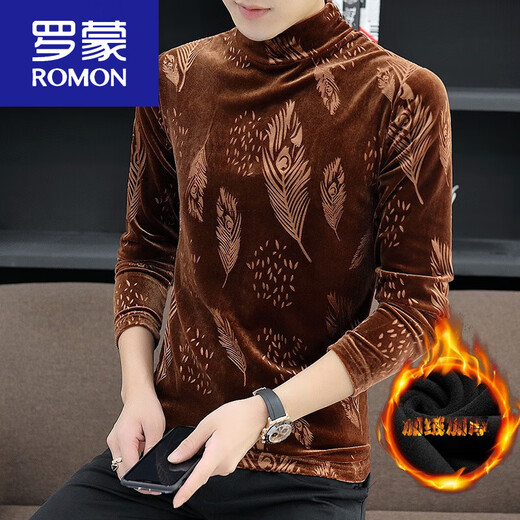 ROMON plus velvet thickened half turtleneck base shirt for men's black gold velvet long-sleeved T-shirt in autumn and winter inner wear T 694 black XL