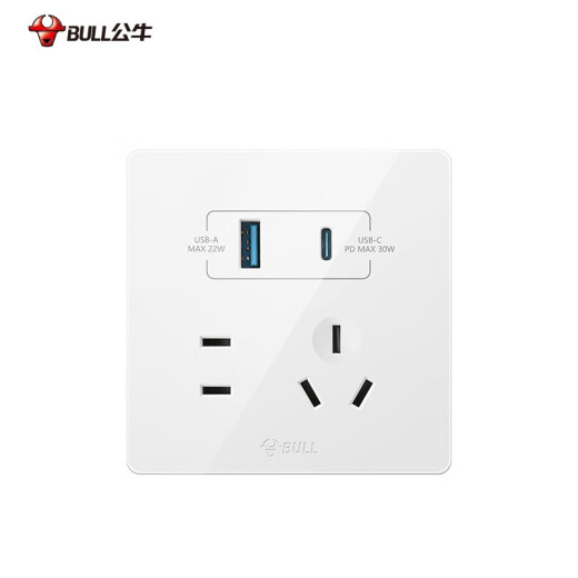 公牛开关插座面板 86型墙壁插座 墙面二三插多孔 快充多用 【C口30W】五孔+2USB-白色