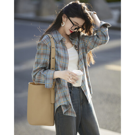 Demana Intellectuals Spring and Autumn Breathing Pure Cotton Retro Plaid Shirt Comfortable and Matchable Flesh Covering Shirt Women's Clothing