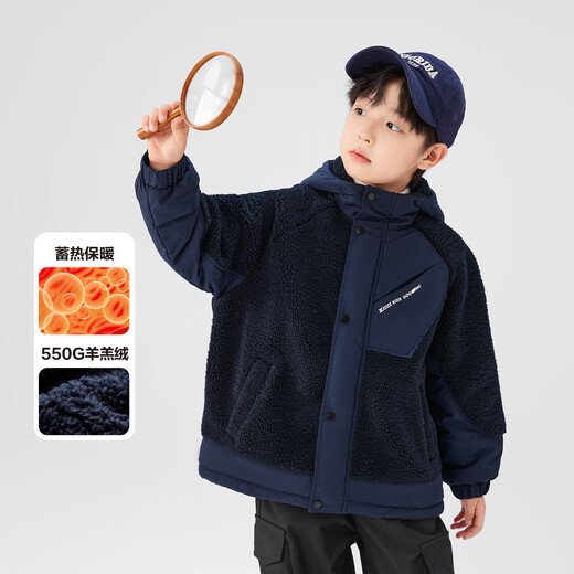 Zuoxi children's clothing boys' lambswool jacket with hood and velvet Children's autumn and winter clothing 2025 new oxygen Korean style trendy navy 140 Recommended height is about 140cm
