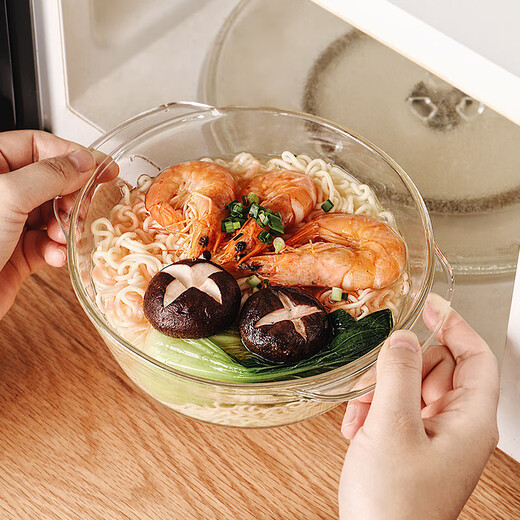 Genasi double-eared transparent heat-resistant glass bowl large microwave-friendly bowl with lid soup bowl noodle bowl salad bowl tableware 1.5L