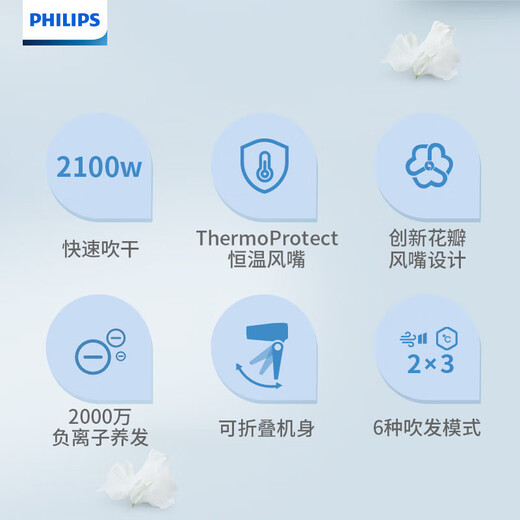 Philips (PHILIPS) hair dryer household hair dryer constant temperature nozzle hair care high-power quick-drying dryer surging air volume foldable body shiny and smooth air intake safety design birthday gift negative ion hair care BHD378