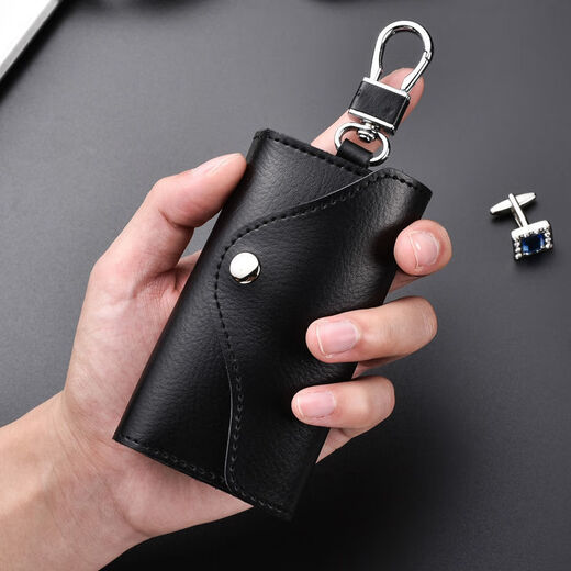 Cowhide key bag for men, large-capacity, multi-functional, universal car key chain, women's waist hanging, compact household key bag, buckle version - black - 6 key positions