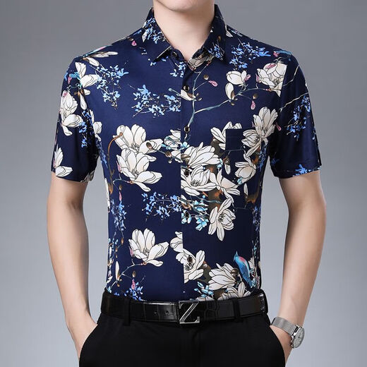 Beijiqi Sommer dünne kurzärmelige Männer-Blumenhemd mit mittleren und jungen koreanischen Drucken großer Größe Lose Männerhemd Herren Top 9913 Blue Ice Seide ohne Taschen 175/92A [145-160]