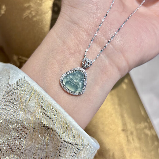 Hongzhuangnuo birthday gift blue water emerald Buddha silver necklace women light luxury clavicle chain pendant Christmas gift L2223 big belly Buddha silver pendant gift for best friend and girlfriend