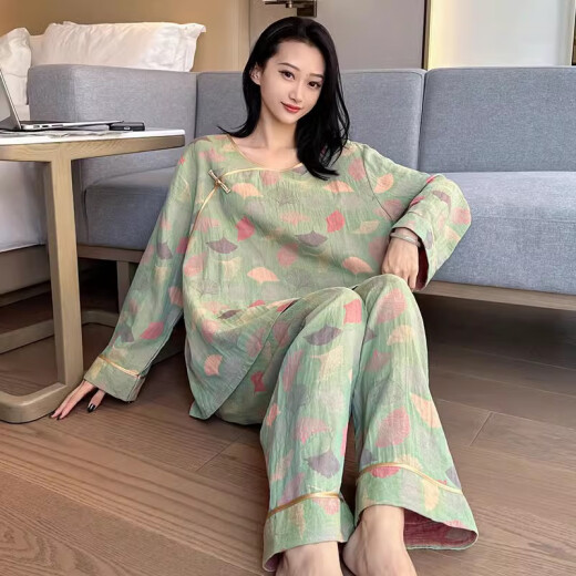 YIMENGTO伊门驼胖mm睡衣女春春大码复古中国风碎花棉纱家居服加肥加大200斤 yz16802 4XL  130-180斤