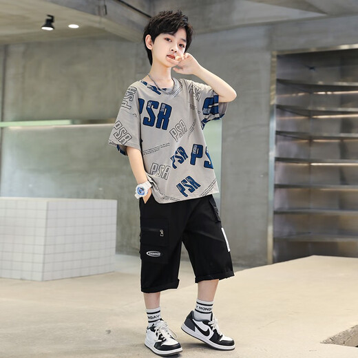 
AN Children's Clothing Boys Summer Set 2025 New Children's Summer Short-Sleeve Clothing Medium-Big Children's Cool and Fashionable Street Explosion Gray 150 (Suggested height about 145cm)