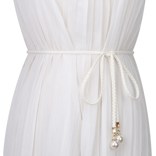 Shulu cow woven belt for women, decorated with pearl small leather rope, simple waist rope with dress waist chain, fashionable skirt belt, black