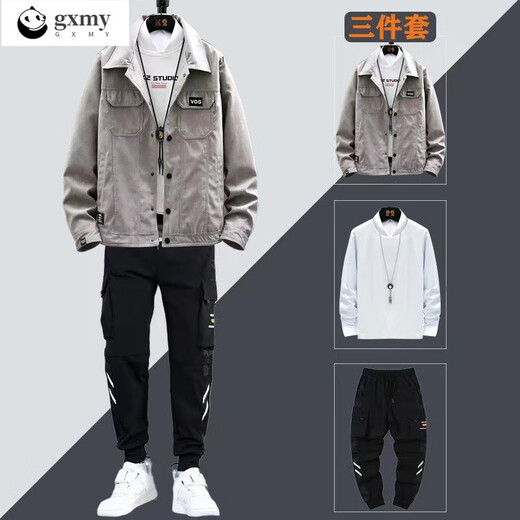 gxmy denim jacket men's spring and autumn new trendy casual sports jacket set men's set matching clothes men's fashion 2801 khaki + versatile white T+Y11 pants XL [120-140Jin [Jin equals 0.5 kg]]