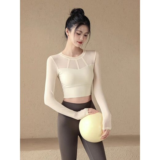 LULUUVTTOH yoga clothes for women, autumn and winter sports tops with chest pads, sexy mesh long-sleeved Pilates training fitness clothes, black, fixed chest pads M