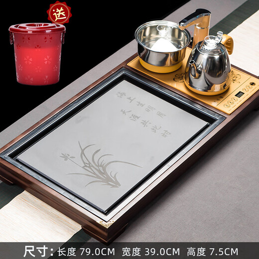 Porcelain brand tea set, tea set, tea tray, induction cooker, kettle, integrated table, automatic water kettle, tea table, tea table set, 34 pieces Konggu Orchid + Bajun tea set