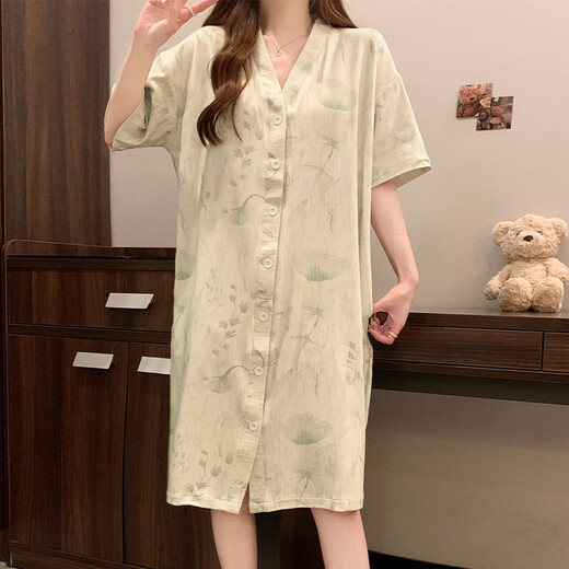 另约新中式睡裙女带胸垫夏季短袖复古风高级感睡衣连衣裙春秋款家居服 5155 绿色花朵 带胸垫 XXL